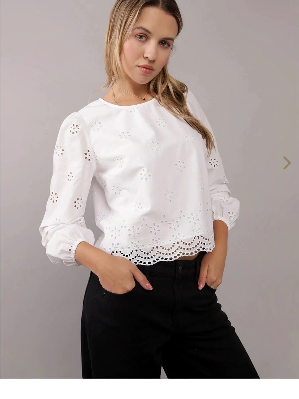 American Eagle Outfitters Black Eyelet Scalloped-Hem Blouse